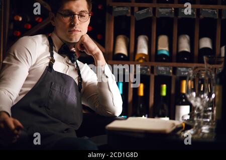 Männliche Sommelier Porträt Blick auf die Kamera während der Sitzung in der Weinstube des Hotels, die große Auswahl an Weinen bietet. Weinindustrie. Berufe. Stockfoto