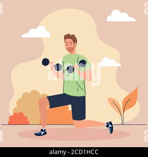 Mann macht Übungen mit Hanteln im Freien, Sport Erholung Stock Vektor