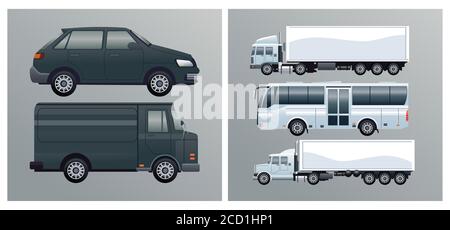 Bus und LKW mit Fahrzeugen Branding mockup Stil Vektor Illustration Design Stock Vektor