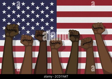 Faust in der Luft. Schwarze Leben Sind Wichtig. Amerikanische Flagge. Stockfoto