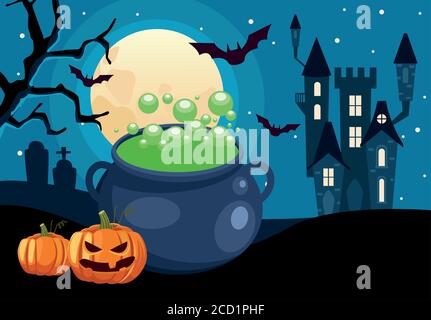 Happy halloween Karte mit Kessel und Kürbisse Szene Vektor Illustration Design Stock Vektor