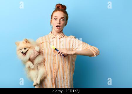 Erschrocken verwirrt emotionalen Tierarzt macht einen Hund eine Injektionsspritze.close up Porträt, Angst Konzept. Close up Porträt, isoliert blauen Hintergrund, Studio erschossen Stockfoto