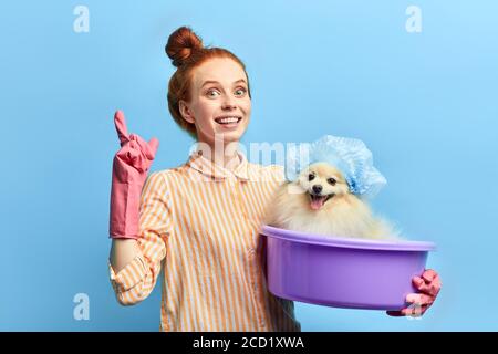 Cute clever PET-Besitzer geben Ratschläge, wie man Pflege von Hunden, isoliert blauen Hintergrund, Studio-Schuss zu nehmen. Anleitung, Tipps zum Waschen eines Haustiers. Lifestyle Stockfoto