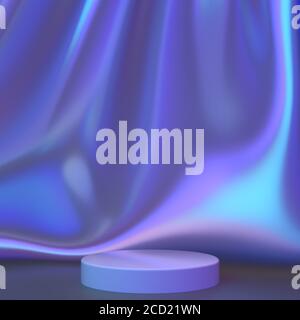 Schillernder Neonhintergrund. Holographische abstrakte Pastellfarben Hintergrund mit Podium. Hologramm-Ästhetik. Trendiges Vaporwave Kreativkonzept. 3d-Rendering. Stockfoto