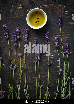 Frische Lavendelblüten und Lavendelöl in weißer Schale auf dunklem Vintage-Tisch. Overhead-Aufnahme. Knolling-Konzept. Stockfoto