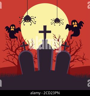 Happy halloween Karte mit Geistern und Spinnen in Friedhofsnacht Szene Vektor Illustration Design Stock Vektor