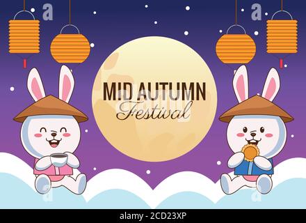 Mitte Herbst Feier Karte mit kleinen Kaninchen Paar mit Laternen In Wolken Vektor Illustration Design Stock Vektor