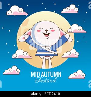 Mitte Herbst Feier Karte mit kleinen Kaninchen und Mond in Wolken Vektor Illustration Design Stock Vektor