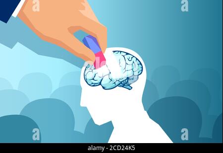 Demenz und Gedächtnisverlust Konzept. Vektor einer Hand, die einen Teil des menschlichen Gehirns eines Mannes löscht Stock Vektor