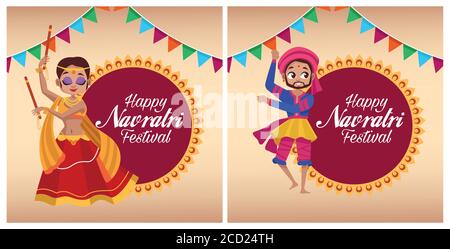 Happy navratri Feierkarte Buchstaben mit Paar Tanz und Girlanden vektorgrafik Design Stock Vektor