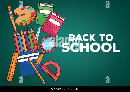Zurück zur Schule Schriftzug mit Elementen in Kreidetafel Hintergrund Vektor Illustrationsdesign Stock Vektor