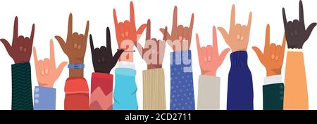 Rock-Zeichen mit Händen von verschiedenen Arten von Skins Design, Vielfalt Menschen multiethnischen Rasse und Community-Thema Vektor-Illustration Stock Vektor