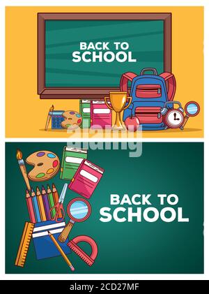 Zurück zur Schule Briefe in Kreidetafeln mit Set Icons Vektor Illustrationsdesign Stock Vektor