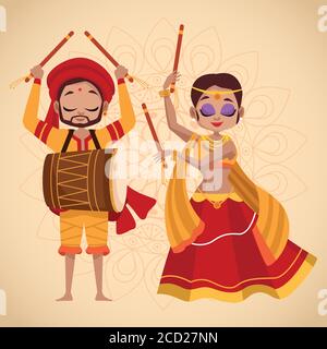 Happy navratri Feier Karte Paar tanzen und spielen Trommel Vektor Illustrationsdesign Stock Vektor