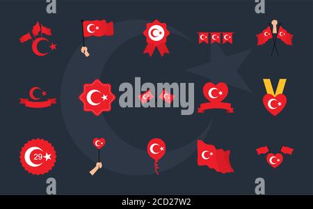 Icon Set von Herzen mit türkei Fahnen Design und türkei republik auf schwarzem Hintergrund, flachen Stil, Vektor-Illustration Stock Vektor