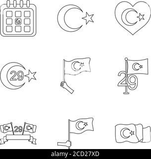 Icon Set von türkei Flaggen und türkei republik auf weißem Hintergrund, Linienstil, Vektor-Illustration Stock Vektor
