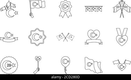 Icon Set von Herzen mit türkei Fahnen Design und türkei republik auf weißem Hintergrund, Linienstil, Vektor-Illustration Stock Vektor