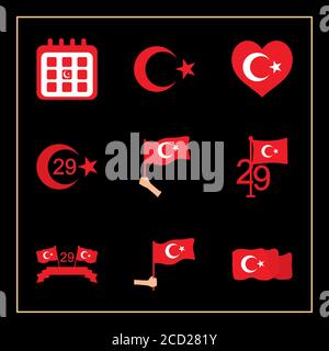 Icon Set von türkei Flaggen und türkei republik auf schwarzem Hintergrund, flachen Stil, Vektor-Illustration Stock Vektor