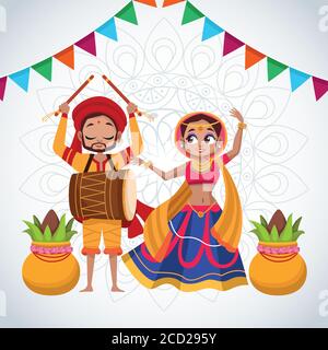 Happy navratri Feier Karte Paar tanzen und spielen Trommel mit Girlanden Vektor Illustration Design Stock Vektor