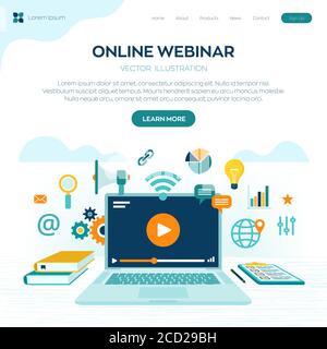 Webinar. Internetkonferenz. Webbasiertes Seminar. Fernstudium. E-Learning Training Geschäftskonzept. Video-Tutorials. Online-Kurse. Arbeitsplatz Stock Vektor