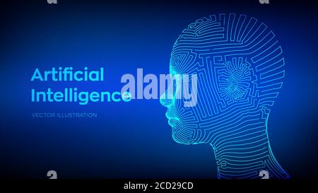 Konzept der Künstlichen Intelligenz. AI digitales Gehirn. Abstraktes digitales menschliches Gesicht. Menschlicher Kopf in Roboter digitale Computer-Interpretation. Roboterkonzept Stock Vektor