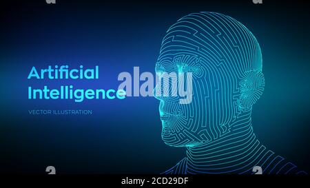 AI. Konzept der künstlichen Intelligenz. AI digitales Gehirn. Abstraktes digitales menschliches Gesicht. Menschlicher Kopf in Roboter digitale Computer-Interpretation. Robotik Stock Vektor