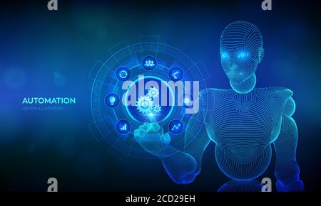 Automatisierungssoftware. IOT- und Automatisierungskonzept als Innovation zur Steigerung der Produktivität in Technologie und Geschäftsprozessen. Drahtgerahmte Cyborg Hand Stock Vektor