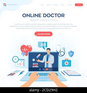 Konzept der medizinischen Online-Beratung und Unterstützung. Online-Gesundheitsversorgung und medizinische Beratung. Tele Medicine e-Health Service. Arzt Videoaufnahmen an Stock Vektor