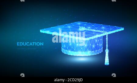 Abstrakt niedrige Polygonale Abschlusskappe. Studentenhut. E-Learning-Konzept. Innovative Online-Bildung. Fernstudium. Akademisch Stock Vektor