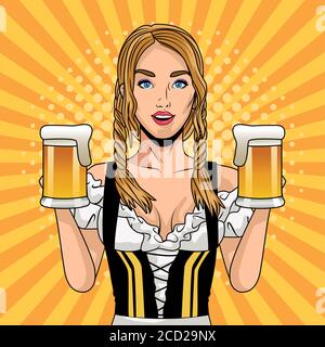 Happy oktoberfest Feier Karte mit schönen Frau trinken Biere Vektor Illustrationsdesign Stock Vektor