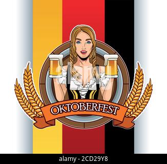 Happy oktoberfest Karte mit schönen Frau trinken Biere Vektor-Illustration Design Stock Vektor