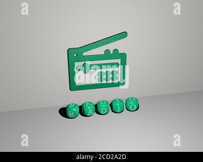 3D-Grafik des Radios vertikal zusammen mit Text von metallischen kubischen Buchstaben aus der oberen Perspektive gebaut, ausgezeichnet für das Konzept Präsentation und Diashows, 3D-Illustration Stockfoto