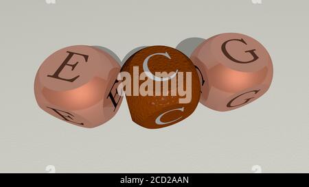 Kreuzworträtsel des EKGs angeordnet durch kubische Buchstaben auf einem Spiegelboden, Konzept Bedeutung und Präsentation, 3D-Illustration Stockfoto