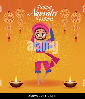 Happy navratri Feier Karte Schriftzug mit Mann tanzen und Kerzen vektorgrafik Design Stock Vektor