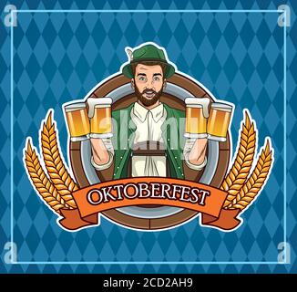 Happy oktoberfest Festkarte mit deutschen Mann trinkt Bier und Fahnenvektor Illustration Design Stock Vektor