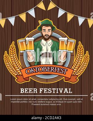 Happy oktoberfest Festkarte mit deutschem Mann trinkt Bier in Holzhintergrund Vektor Illustration Design Stock Vektor