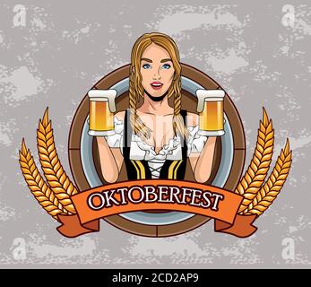 oktoberfest-Festkarte mit schöner Frau, die Bier trinkt vektorgrafik Design Stock Vektor