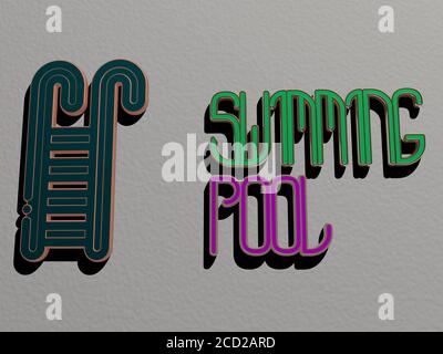 3D-Illustration von Pool-Grafiken und Text von metallischen Würfel Buchstaben für die damit verbundenen Bedeutungen des Konzepts und Präsentationen gemacht, 3D-Illustration Stockfoto