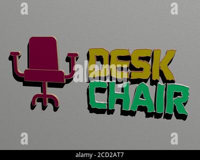 3D-Grafik-Bild von SCHREIBTISCHSTUHL vertikal zusammen mit Text von metallischen kubischen Buchstaben aus der oberen Perspektive gebaut, hervorragend für das Konzept Präsentation und Diashows, 3D-Illustration Stockfoto