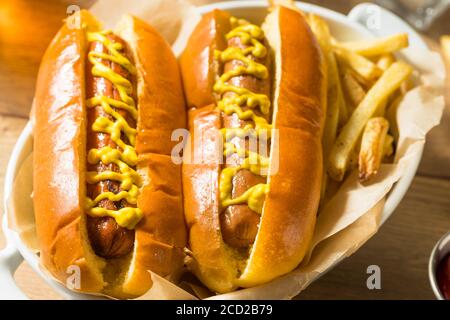 Hausgemachter Hot Dog mit Senf und Pommes Stockfoto