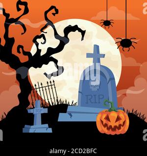 Happy halloween Hintergrund mit Kürbis, trockener Baum, Spinnen hängen und Grabsteine Friedhof Stock Vektor