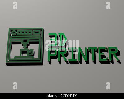 3d-Drucker-Symbol und Text an der Wand, 3D-Illustration Stockfoto