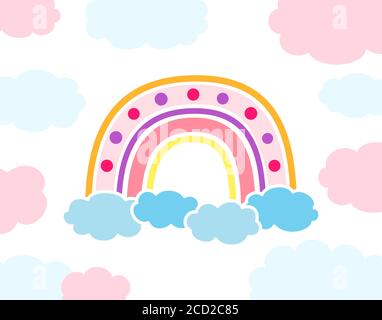 Regenbogen mit Wolken flach Cartoon-Stil. Regenbogen abstraktes handgezeichnetes Symbol. Niedliches leuchtendes Rosa, Natur-Wetter-Element für Kinder. Für Druck, Karte, Stoff. Isolierte Vektordarstellung Stock Vektor