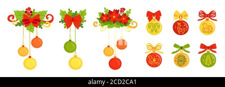 Weihnachtskugel flach Cartoon-Set. Bunte runde Bälle mit Poinsettia, Stechpalme, Bändchenschleifen. Neujahr Urlaub traditionelle Ornament, Sammlung Glocken. Isolierte Vektordarstellung Stock Vektor