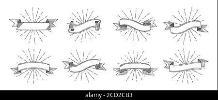 Set mit Schleife im Retro-Look. Alte Design-Band mit Lichtstrahlen, Skizze Cartoon leere Bänder Sammlung. Alte Grunge Banner oder Einladungen. Web-Icon-Kit mit Text-Bannerbändern. Isolierte Vektordarstellung Stock Vektor