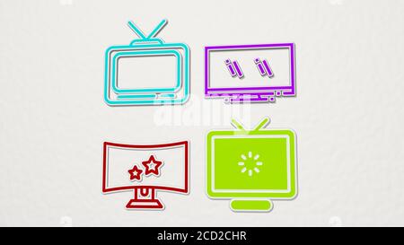 TV-BILDSCHIRM Bunte Reihe von Symbolen, 3D-Illustration Stockfoto