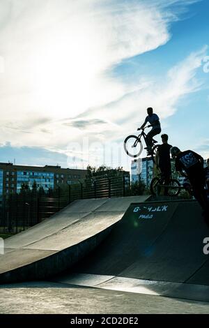 BMX Stunt vertikal. Ein Profi-Radfahrer Extreme Radfahrkonzept. Dert springen. BMX Vertikal-Barspin-Sprung. BMX Freestyle Vert Stunt. Halframp. Set Von Skatepark Element Stockfoto