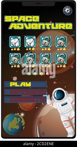 Space Adventure Mission Spiel auf Tablet-Bildschirm Illustration Stock Vektor