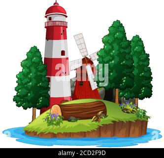 Szene mit Leuchtturm und Windmühle auf weißem Hintergrund Illustration Stock Vektor