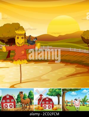 Set von verschiedenen Farmszenen mit Tierfarm Cartoon Stil Illustration Stock Vektor